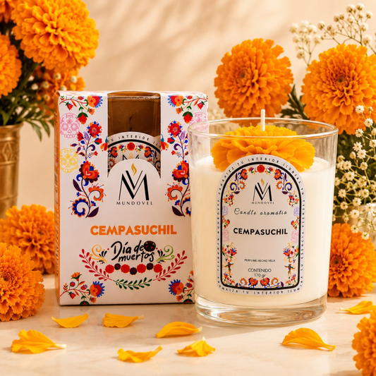 Vela Aromática Premium Cempasúchil MUNDOVEL 170g | Decoración Hogar y Aroma Floral