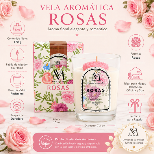 Vela Aromática Premium Rosas MUNDOVEL 170g | Fragancia Floral Elegante para Hogar y Regalo